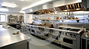 Design of a professional kitchen for a restaurant or cafe. Metal table. Kitchen equipment for catering.