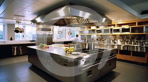 Design of a professional kitchen for a restaurant or cafe. Metal table. Kitchen equipment for catering.