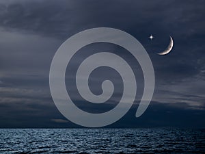 Design Ramadan background Concept Crescent Moon with Sky in Night Blue Sea Background,Symbols Celebration Islamic Arabic Muslim