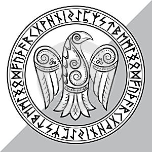 Design of Raven in Celtic, Scandinavian style and Norse runes