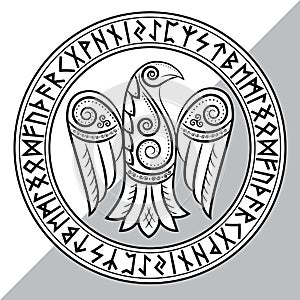 Design of Raven in Celtic, Scandinavian style and Norse runes photo