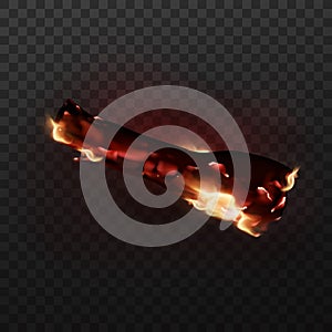 Design of realistic glowing bonfire with charcoals and fire flames. Vector illustration of campfire isolated on transparent backgr
