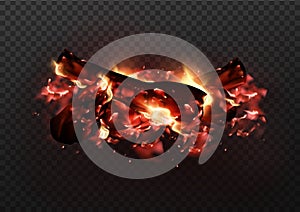 Design of realistic glowing bonfire with charcoals and fire flames. Vector illustration of campfire isolated on transparent backgr