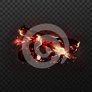 Design of realistic glowing bonfire with charcoals and fire flames. Vector illustration of campfire isolated on transparent backgr