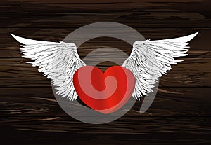 Design red heart with wings. Vector. On woodwn background