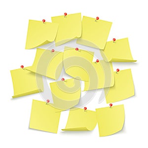 Design of reminder board hung with empty yellow stickers attached with red pins. Vector illustration isolated on white background