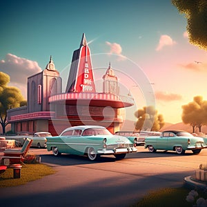 design a retro background with a 1960s drive in movie theater featuring vintage cars watching