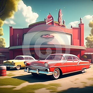 design a retro background with a 1960s drive in movie theater featuring vintage cars watching