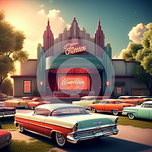 design a retro background with a 1960s drive in movie theater featuring vintage cars watching