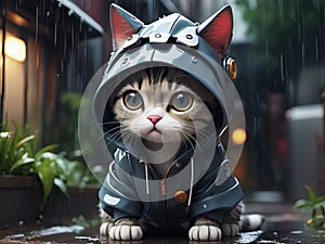 Design a robotic cat with heroic expressions, adorned in adorable hoodies and rainwear - generated by ai