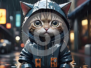 Design a robotic cat with heroic expressions, adorned in adorable hoodies and rainwear - generated by ai