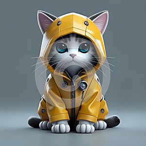 Design a robotic cat with heroic expressions, adorned in adorable hoodies and rainwear - generated by ai