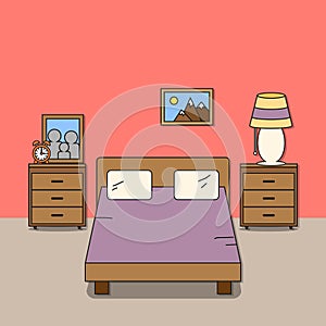 Design of room - bedroom with bed, two bedside tables, desk lamp, alarm clock, photo and picture. photo