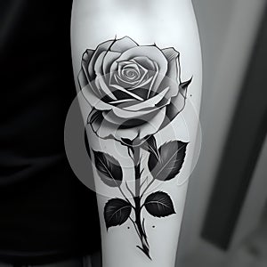 Design of a rose tattoo in monochrome black and white. It is envisioned on arm, marked and distinct, yet exotic - generated by ai photo