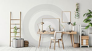 Design scandinavian interior of home office space with stylish chair, wooden desk. AI Generative