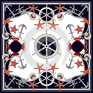 Design scarf with starfishes, anchors, shells and lifebuoys. Vector.