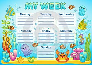 Design of the school timetable for kids. Bright underwater background for the planning of the school week