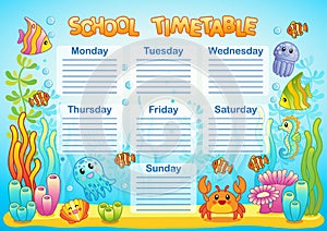 Design of the school timetable for kids. Bright underwater background for the planning of the school week