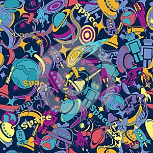 Design seamless pattern on the theme of space exploration. cartoon, drawn in the style of doodles.