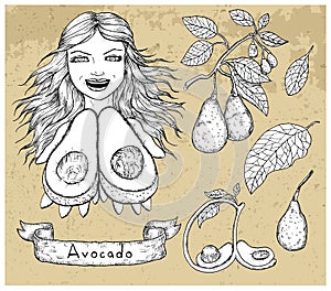 Design set with beautiful woman holding avocado and vegetables over textured background