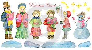 Design set with choir singing Christmas carol songs, girl with lantern, snowman, and snowdrift isolated on white