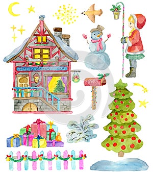 Design set with Christmas house with decorations, girl with lantern, snowman, conifer and gifts isolated on white