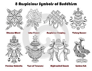 Design set with eight auspicious symbols of Buddhism isolated on white