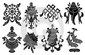 Design set with eight black silhouettes of auspicious symbols of Buddhism isolated on white photo