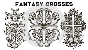 Design set with fantasy crosses with baroque pattern, flowers and wings isolated on