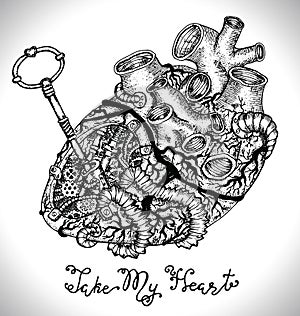 Design set with human heart with mechanical parts, key