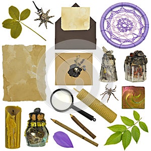 Design set with magic witch bottles, four-leaf clover, candle and hand crafted envelopes. Mystic Halloween concept