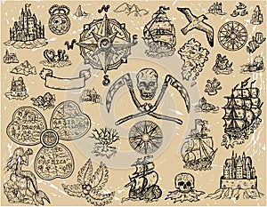Design set with old pirate map elements - sailboat, crossbones, unknown islands