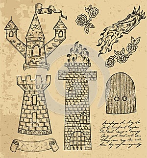 Design set with old tower, castle or fortress with gate and unreadable hand written text.