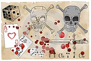 Design set with skull, dagger and cards