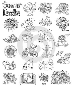 Design set with summer icon drawings of cottage house, flowers, boat, vintage car, gardening objects.