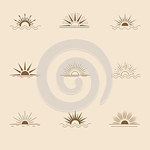 Design set of vector sun icons and symbols in boho style.