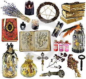 Design set with witch book, magic bottle, herbs, black candle isolated on white