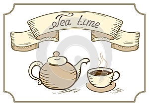 Design signboard for cafe or restaurant with retro ribbon, tea cup, kettle and headline in style hand drawing and handwriting