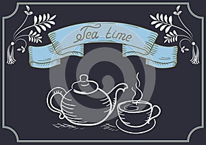 Design signboard for cafe with ribbon and tea cup with kettle