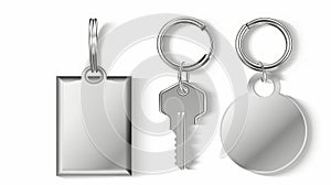 Design of silver blank chair key ring template. Mockup of metal keyrings isolated on a round background. Blank