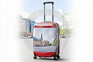 Design a sleek, modern suitcase with sturdy wheels and a retractable handle