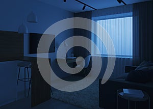 Design a small room with a sofa. Night. Evening lighting.