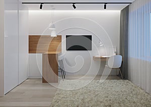 Design a small room with a sofa. Night. Evening lighting.