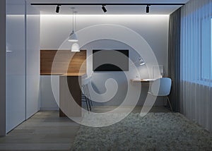 Design a small room with a sofa. Night. Evening lighting.