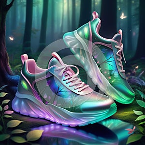 Design sneakers inspired by a magical forest. Encourage the use of iridescent and translucent materials.