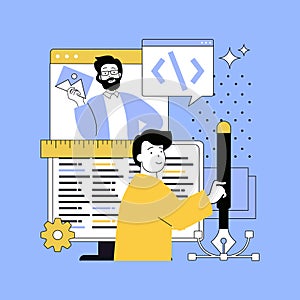 Design software development concept for modern web design. People creating program code, engineering and programming at screen