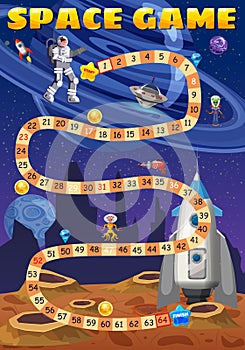 Design Space Boardgame astronaut, spaceship, rocket, UFO, step boardgame path