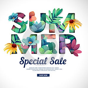 Design special sale print for summer season. Logo with flower, leaf, herb and branch decoration. Text Summer cut paper