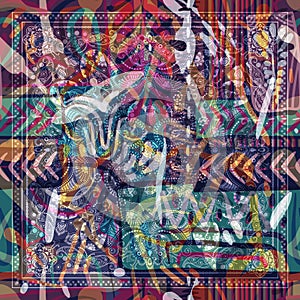 Design for square pocket, shawl, textile. Abstract Paisley floral pattern