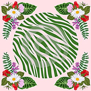 Design for a square shawl or headscarf. Zebra print with flowers on pink background.